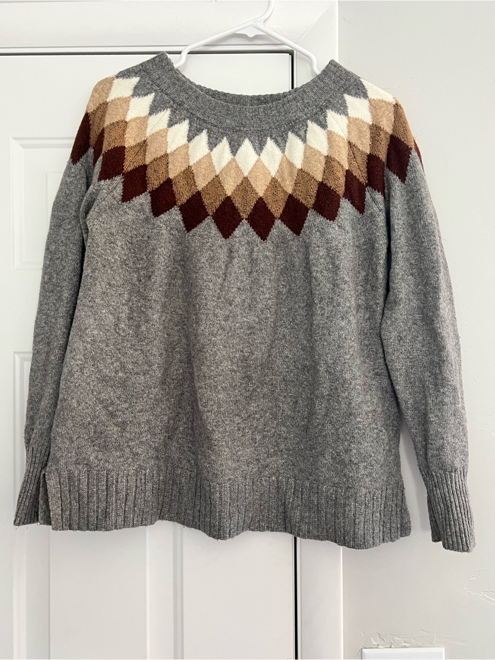 St. John's Bay Gray Fair Isle Yoke Sweater with Cream and Brown Accents